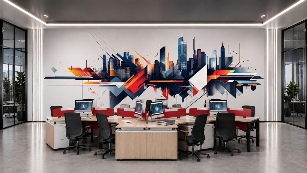Modern Geometric City Skyline Wall Decal Corporate Office Wall Mural Abstract Business Peel And Stick Wall Art