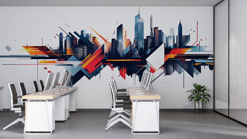 Modern Geometric City Skyline Wall Decal Corporate Office Wall Mural Abstract Business Peel And Stick Wall Art