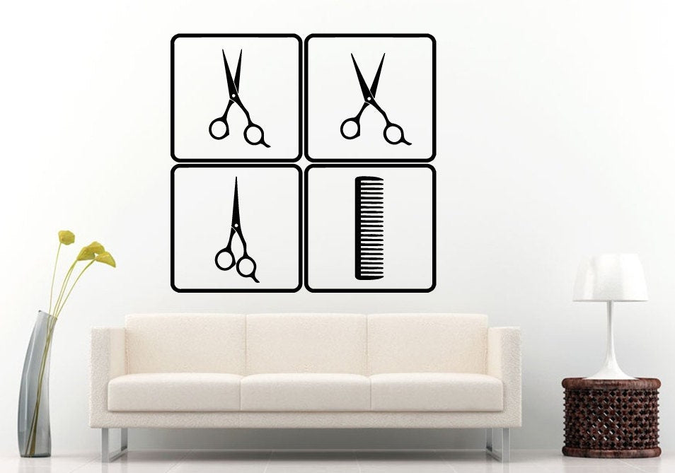 A Set Of Hairdressers With Scissors And A Comb Barber Barbershop Salon Spa Wall Decal Vinyl Sticker Mural Room Decor L817