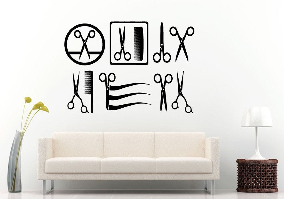 A Set Of Hairdressers With Scissors And A Comb Barber Barbershop Salon Spa Wall Decal Vinyl Sticker Mural Room Decor L818