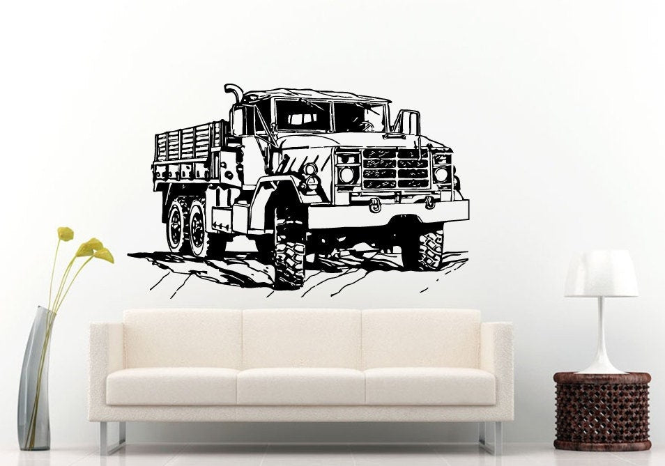 Semi Truck Heavy Duty Eighteen 18 Wheeler Old War Army Truck Antique Wall Decal Vinyl Sticker Mural Room Decor L826