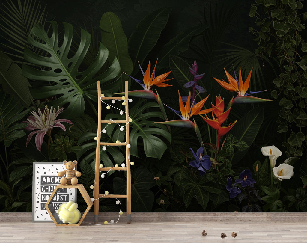Dramatic Dark Tropical Wallpaper Mural, Jungle Botanical Wall Art, Monstera Banana Palm Leaves, Luxury Black Green Floral Wallpaper 411DE
