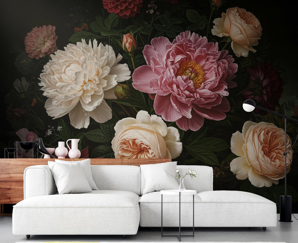 Dark Moody Floral Wallpaper Mural, Peony Rose Garden Wall Art, Dramatic Dutch Floral Wallpaper, Maximalist Black Botanical Wallpaper 412DE