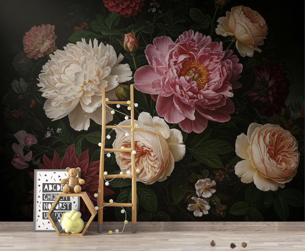 Dark Moody Floral Wallpaper Mural, Peony Rose Garden Wall Art, Dramatic Dutch Floral Wallpaper, Maximalist Black Botanical Wallpaper 412DE