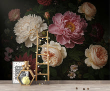 Load image into Gallery viewer, Dark Moody Floral Wallpaper Mural, Peony Rose Garden Wall Art, Dramatic Dutch Floral Wallpaper, Maximalist Black Botanical Wallpaper 412DE