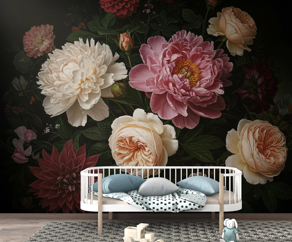 Dark Moody Floral Wallpaper Mural, Peony Rose Garden Wall Art, Dramatic Dutch Floral Wallpaper, Maximalist Black Botanical Wallpaper 412DE