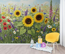 Load image into Gallery viewer, Wildflower Meadow Wallpaper Mural, Colorful Floral Wall Art, Poppy Sunflower Daisy Wallpaper, Cottagecore Summer Botanical Wall Decor 413DE