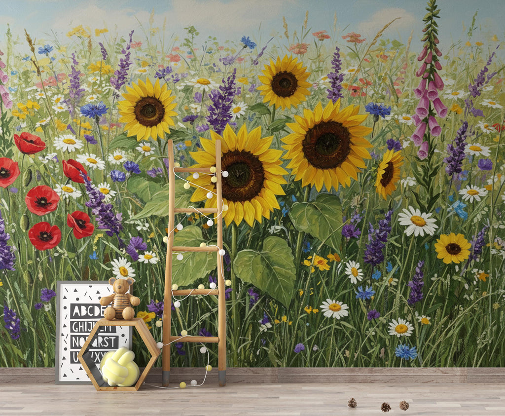 Wildflower Meadow Wallpaper Mural, Colorful Floral Wall Art, Poppy Sunflower Daisy Wallpaper, Cottagecore Summer Botanical Wall Decor 413DE