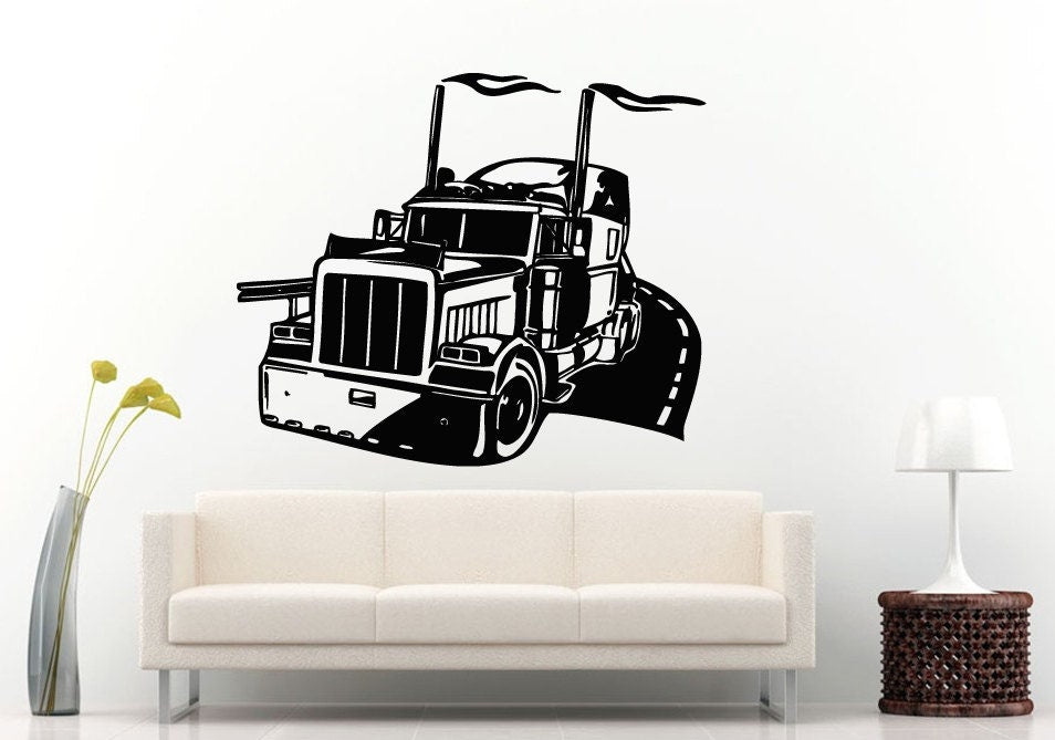 Semi Truck Heavy Duty Eighteen 18 Wheeler On The High Way Interstate Road Wall Decal Vinyl Sticker Mural Room Decor L822