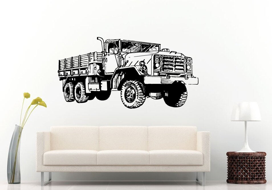 Semi Truck Heavy Duty Eighteen 18 Wheeler Old War Army Truck Antique Wall Decal Vinyl Sticker Mural Room Decor L825
