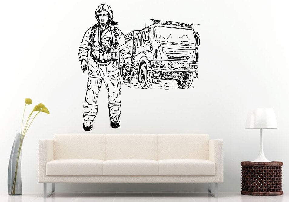 Fire Department Rescue Firetruck Truck Fireman Firefighter Kids Baby Nursery Children Wall Decal Vinyl Sticker Mural Room Decor L828