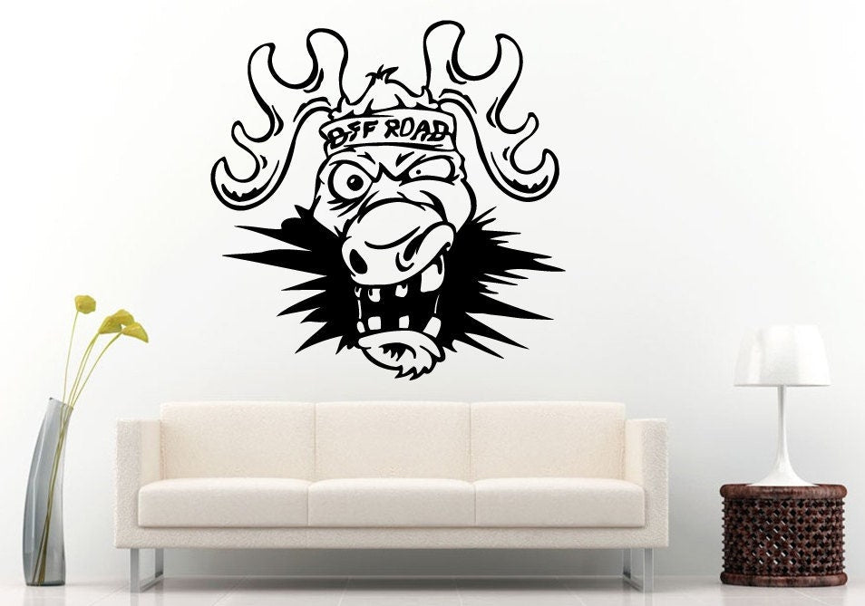 Off Road Sport Utility Vehicle Mountains Rocks Dirt 4 X 4 Crazy Deer Head With Bandanna Wall Decal Vinyl Sticker Mural Room Decor L838