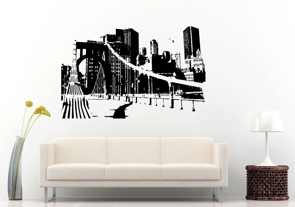 Urban City View Bridge Downtown Center Skyline View Wall Decal Vinyl Sticker Mural Room Decor L841