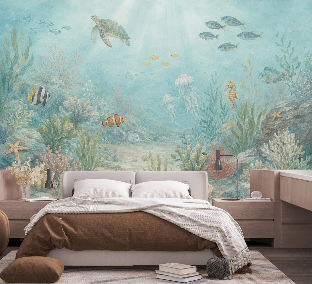 Underwater Nursery Wallpaper Peel and Stick, Ocean Wall Mural, Sea Life Kids Room Decor, Coastal Baby Wallpaper 852LU