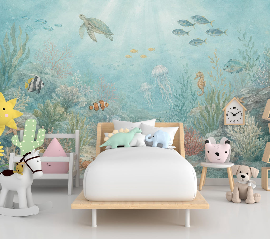 Underwater Nursery Wallpaper Peel and Stick, Ocean Wall Mural, Sea Life Kids Room Decor, Coastal Baby Wallpaper 852LU