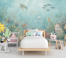 Load image into Gallery viewer, Underwater Nursery Wallpaper Peel and Stick, Ocean Wall Mural, Sea Life Kids Room Decor, Coastal Baby Wallpaper 852LU