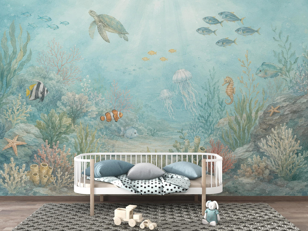 Underwater Nursery Wallpaper Peel and Stick, Ocean Wall Mural, Sea Life Kids Room Decor, Coastal Baby Wallpaper 852LU