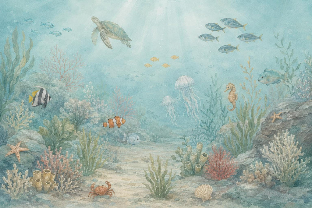 Underwater Nursery Wallpaper Peel and Stick, Ocean Wall Mural, Sea Life Kids Room Decor, Coastal Baby Wallpaper 852LU