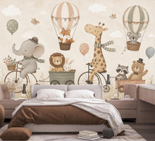 Load image into Gallery viewer, Safari Animal Nursery Wallpaper Peel and Stick, Giraffe Bicycle Wall Mural, Neutral Baby Room Kids Wallpaper, Boho Woodland Animals 853LU