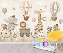 Load image into Gallery viewer, Safari Animal Nursery Wallpaper Peel and Stick, Giraffe Bicycle Wall Mural, Neutral Baby Room Kids Wallpaper, Boho Woodland Animals 853LU