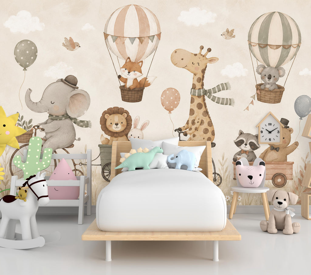 Safari Animal Nursery Wallpaper Peel and Stick, Giraffe Bicycle Wall Mural, Neutral Baby Room Kids Wallpaper, Boho Woodland Animals 853LU