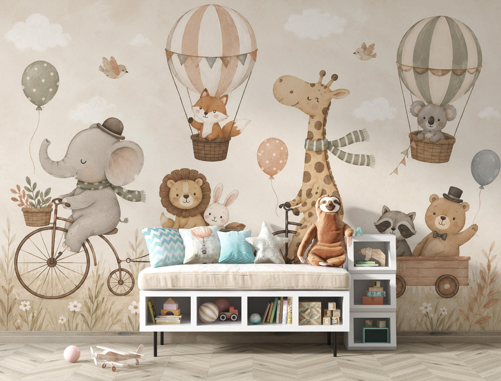 Safari Animal Nursery Wallpaper Peel and Stick, Giraffe Bicycle Wall Mural, Neutral Baby Room Kids Wallpaper, Boho Woodland Animals 853LU