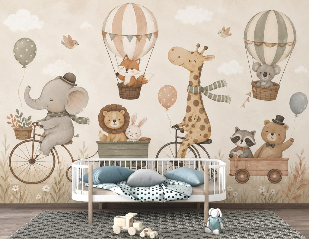 Safari Animal Nursery Wallpaper Peel and Stick, Giraffe Bicycle Wall Mural, Neutral Baby Room Kids Wallpaper, Boho Woodland Animals 853LU
