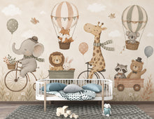 Load image into Gallery viewer, Safari Animal Nursery Wallpaper Peel and Stick, Giraffe Bicycle Wall Mural, Neutral Baby Room Kids Wallpaper, Boho Woodland Animals 853LU