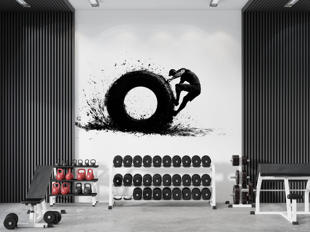 Tire Flip Wall Decal CrossFit Wall Art Fitness Mural Athlete Vinyl Sticker Gym Wall Decor Functional Training Garage Gym Decor