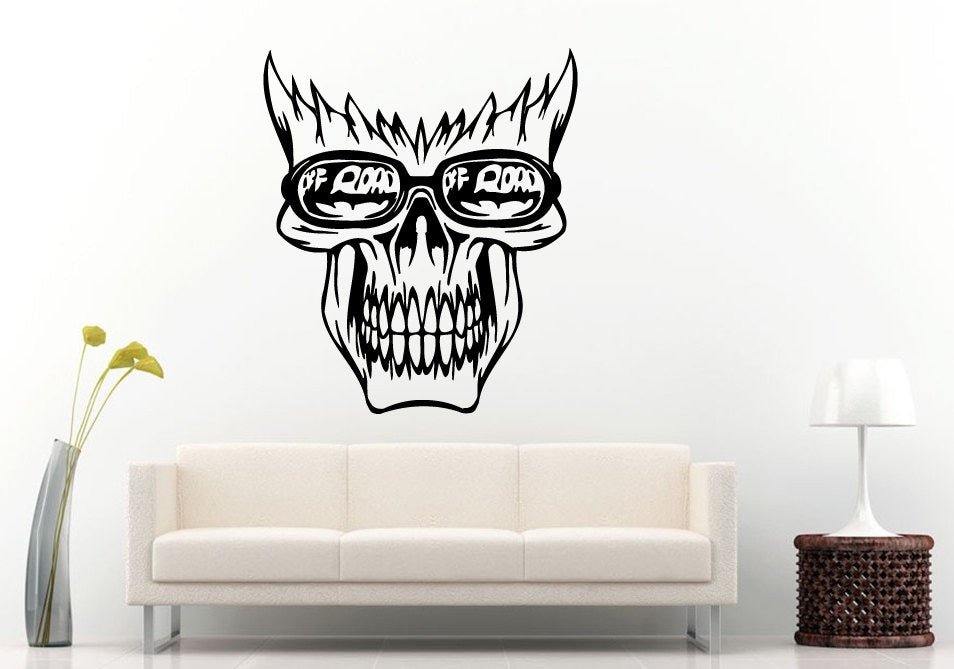 Off Road Sport Utility Vehicle Mountains Rocks Dirt 4 X 4 Flaming Skull Head Wall Decal Vinyl Sticker Mural Room Decor L837