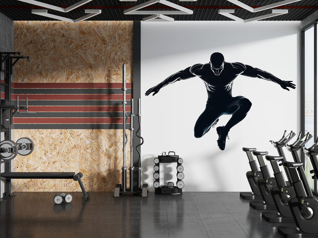 Athlete Jump Wall Decal Gym Wall Art Fitness Mural Vinyl Sticker Modern Home Gym Decor Workout Motivation Luxury Gym Wall Design