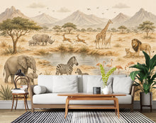 Load image into Gallery viewer, Safari Nursery Wallpaper Mural, Watercolor Jungle Animals Wall Mural, Safari Baby Room Decor, Giraffe Elephant Zebra Wallpaper 854LU