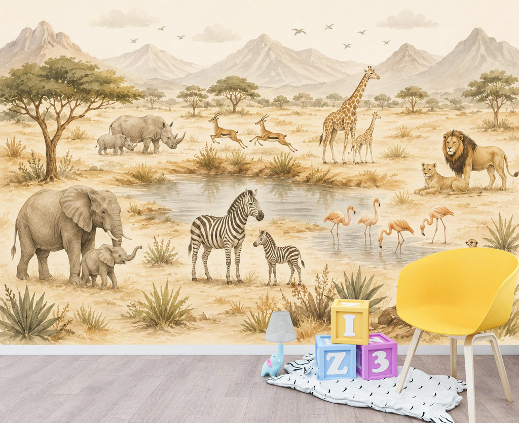 Safari Nursery Wallpaper Mural, Watercolor Jungle Animals Wall Mural, Safari Baby Room Decor, Giraffe Elephant Zebra Wallpaper 854LU