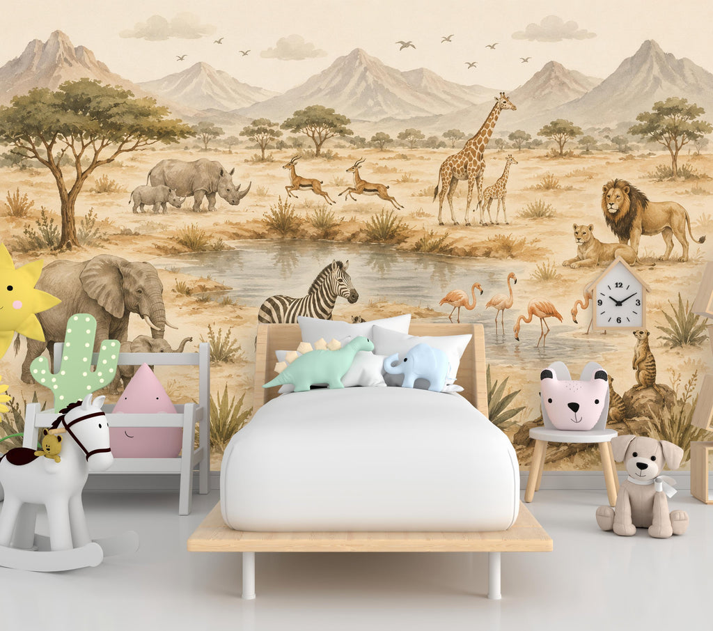 Safari Nursery Wallpaper Mural, Watercolor Jungle Animals Wall Mural, Safari Baby Room Decor, Giraffe Elephant Zebra Wallpaper 854LU