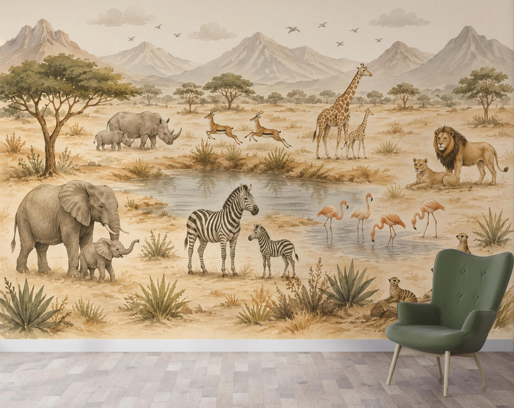 Safari Nursery Wallpaper Mural, Watercolor Jungle Animals Wall Mural, Safari Baby Room Decor, Giraffe Elephant Zebra Wallpaper 854LU
