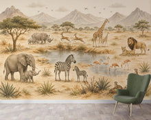 Load image into Gallery viewer, Safari Nursery Wallpaper Mural, Watercolor Jungle Animals Wall Mural, Safari Baby Room Decor, Giraffe Elephant Zebra Wallpaper 854LU