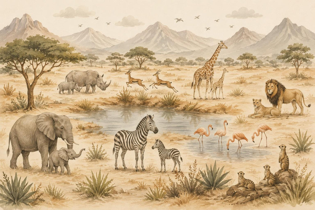 Safari Nursery Wallpaper Mural, Watercolor Jungle Animals Wall Mural, Safari Baby Room Decor, Giraffe Elephant Zebra Wallpaper 854LU