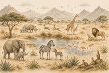 Load image into Gallery viewer, Safari Nursery Wallpaper Mural, Watercolor Jungle Animals Wall Mural, Safari Baby Room Decor, Giraffe Elephant Zebra Wallpaper 854LU