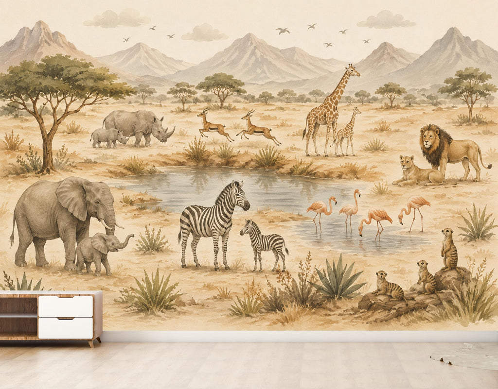 Safari Nursery Wallpaper Mural, Watercolor Jungle Animals Wall Mural, Safari Baby Room Decor, Giraffe Elephant Zebra Wallpaper 854LU
