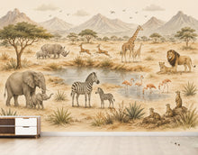 Load image into Gallery viewer, Safari Nursery Wallpaper Mural, Watercolor Jungle Animals Wall Mural, Safari Baby Room Decor, Giraffe Elephant Zebra Wallpaper 854LU