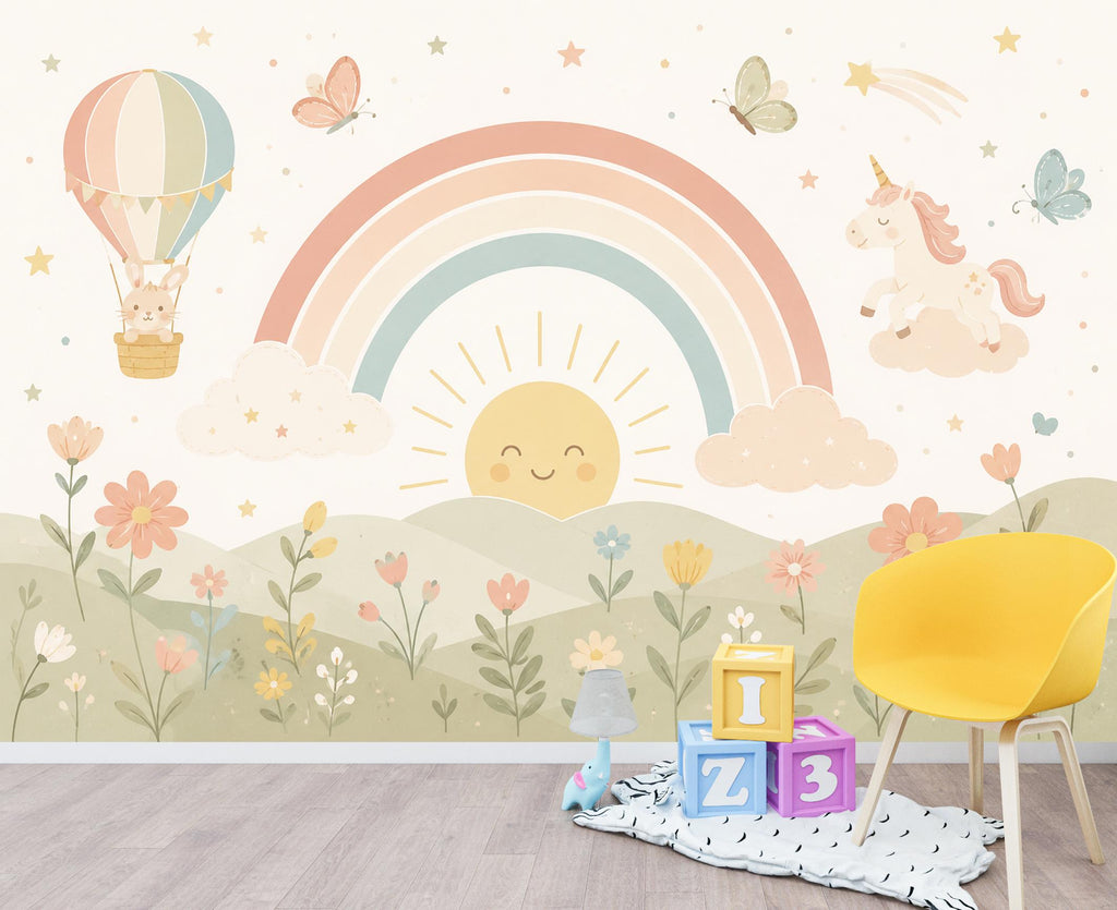 Pastel Rainbow Nursery Wallpaper, Unicorn Kids Wall Mural, Boho Baby Room Decor, Whimsical Floral Wall Art 855LU