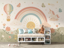 Load image into Gallery viewer, Pastel Rainbow Nursery Wallpaper, Unicorn Kids Wall Mural, Boho Baby Room Decor, Whimsical Floral Wall Art 855LU