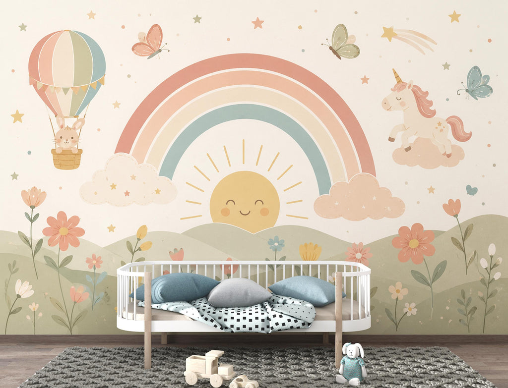 Pastel Rainbow Nursery Wallpaper, Unicorn Kids Wall Mural, Boho Baby Room Decor, Whimsical Floral Wall Art 855LU