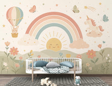 Load image into Gallery viewer, Pastel Rainbow Nursery Wallpaper, Unicorn Kids Wall Mural, Boho Baby Room Decor, Whimsical Floral Wall Art 855LU