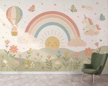 Load image into Gallery viewer, Pastel Rainbow Nursery Wallpaper, Unicorn Kids Wall Mural, Boho Baby Room Decor, Whimsical Floral Wall Art 855LU