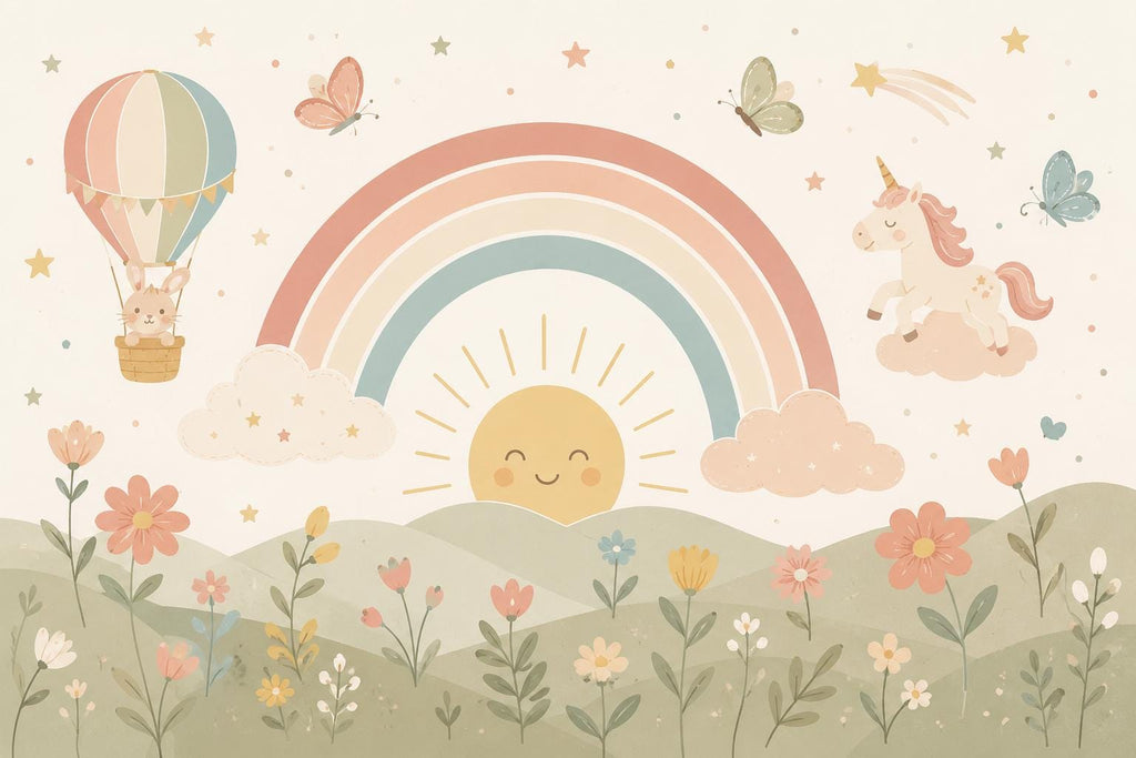Pastel Rainbow Nursery Wallpaper, Unicorn Kids Wall Mural, Boho Baby Room Decor, Whimsical Floral Wall Art 855LU