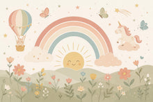 Load image into Gallery viewer, Pastel Rainbow Nursery Wallpaper, Unicorn Kids Wall Mural, Boho Baby Room Decor, Whimsical Floral Wall Art 855LU