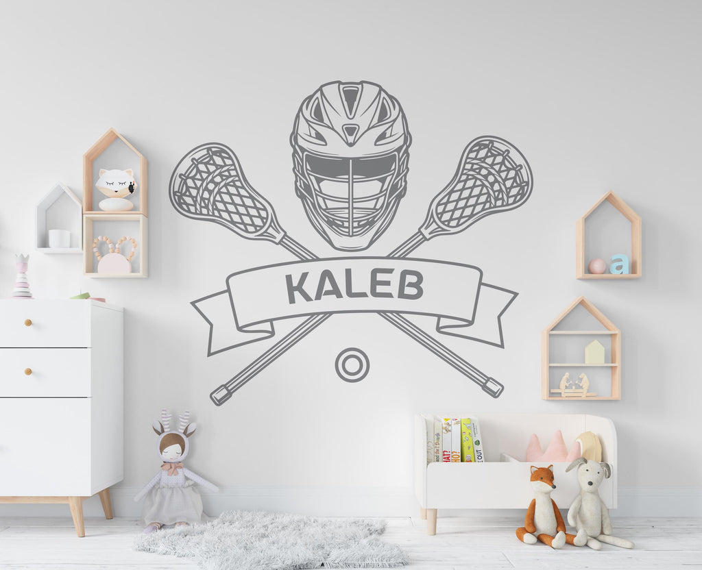Sports wall decals, Crossed Lacrosse Sticks Decor, Ball Space for Name Frame to Personalize Players, Lacrosse Teams 1117RS