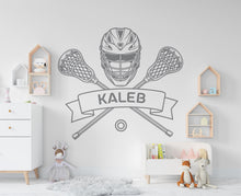 Load image into Gallery viewer, Sports wall decals, Crossed Lacrosse Sticks Decor, Ball Space for Name Frame to Personalize Players, Lacrosse Teams 1117RS