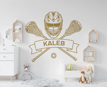 Load image into Gallery viewer, Sports wall decals, Crossed Lacrosse Sticks Decor, Ball Space for Name Frame to Personalize Players, Lacrosse Teams 1117RS
